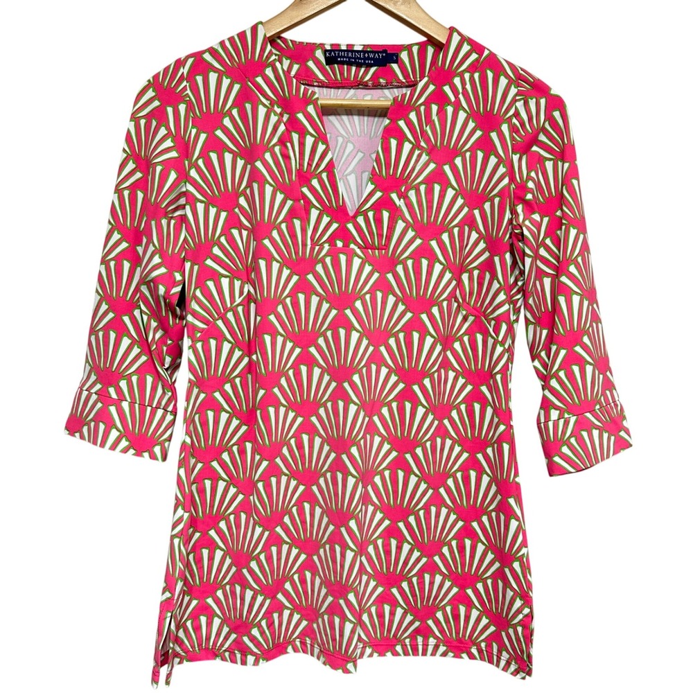 Katherine Way‎ Shell Fan Tunic Top Womens Small 3/4 Sleeve Preppy Resort USA